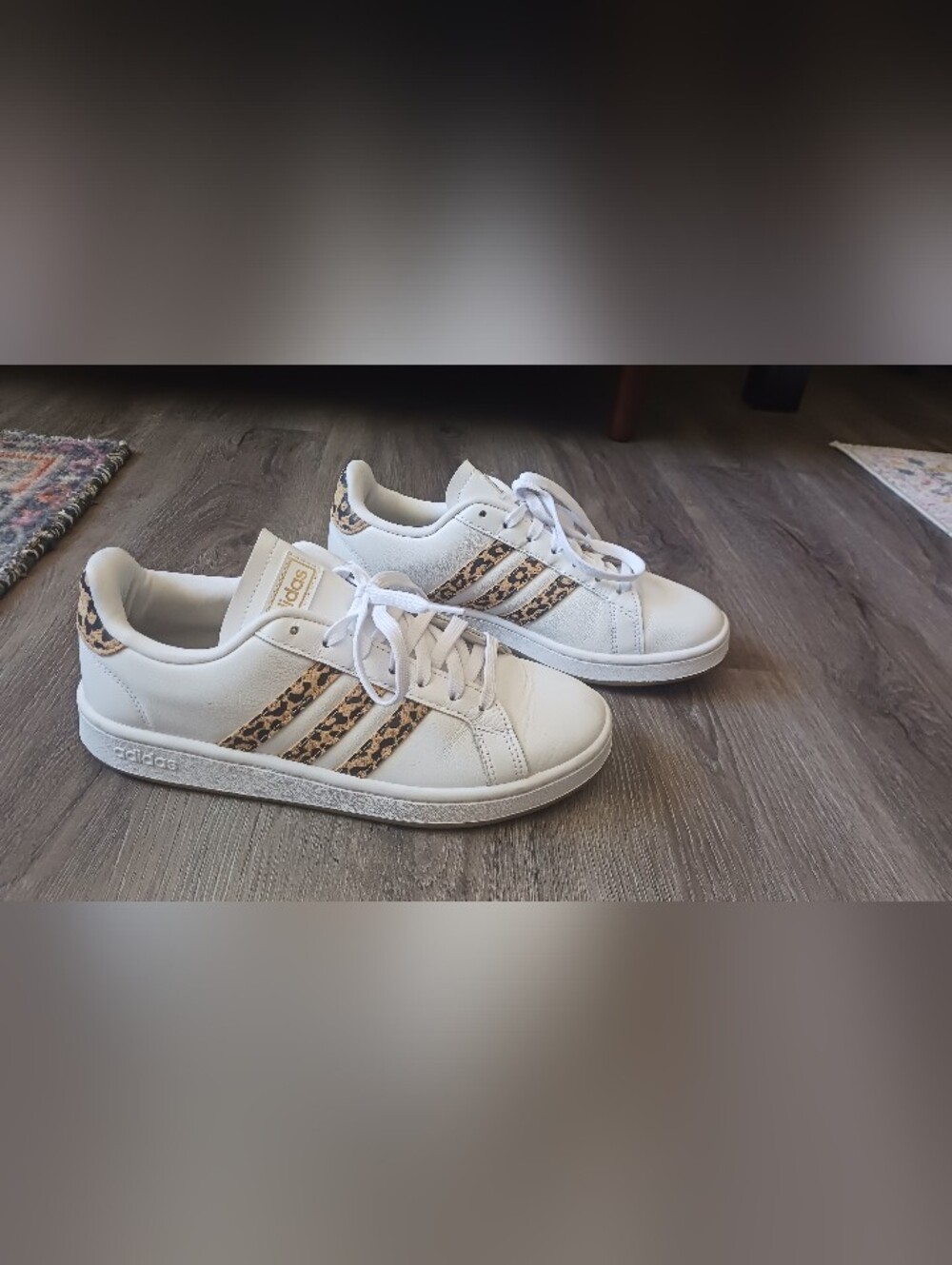 adidas White Sneakers with Leopard-Print Stripes, W Size 8.5 - Picture 2 of 11